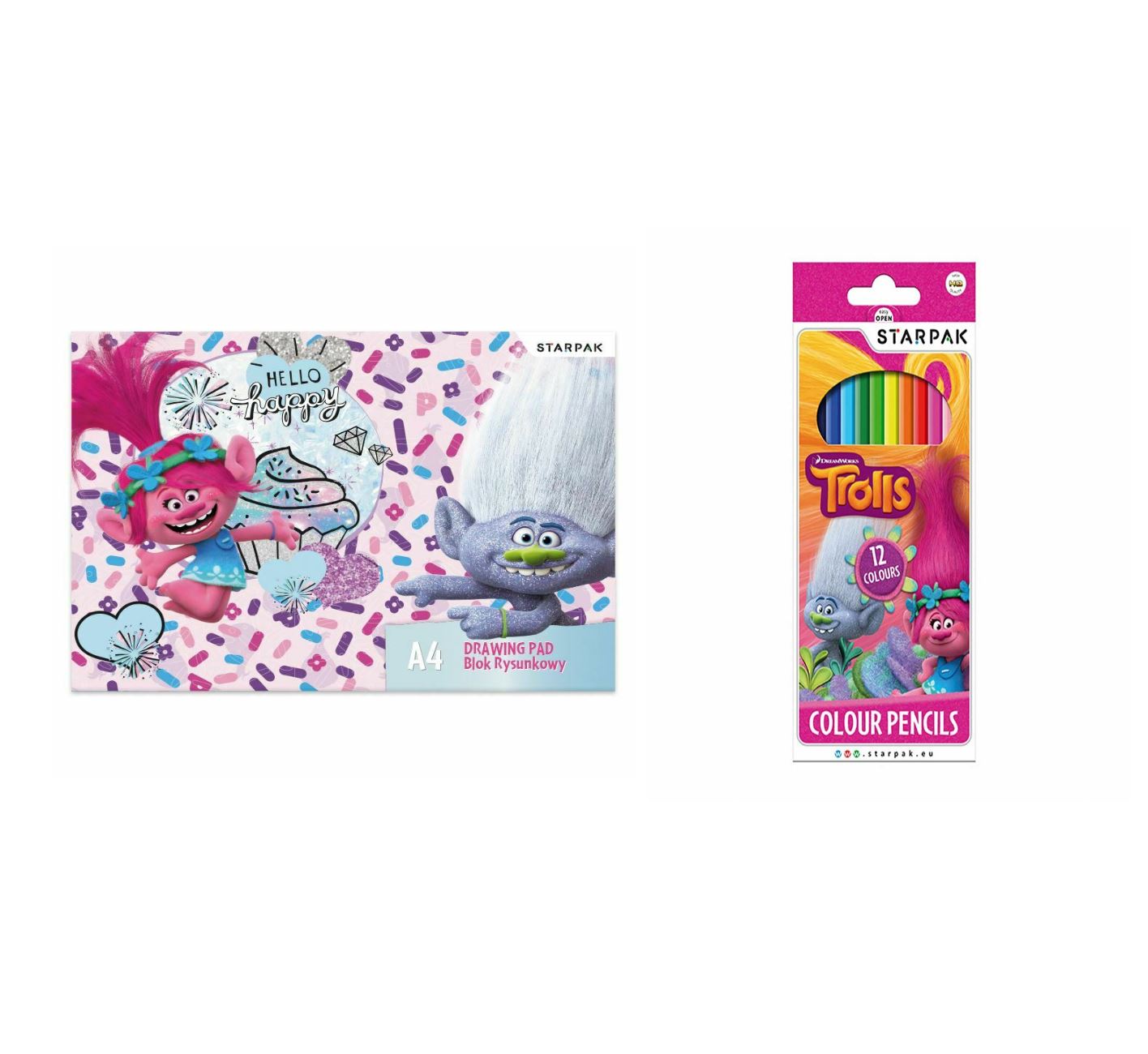 TROLLS Junior DRAWING PAD 20 Sheets A4 Plain + 12 Colouring Pencils