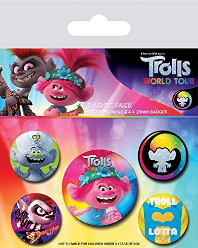 Trolls - World Tour Badge Set - Pack of 5 Colourful Badges with Safety Pin