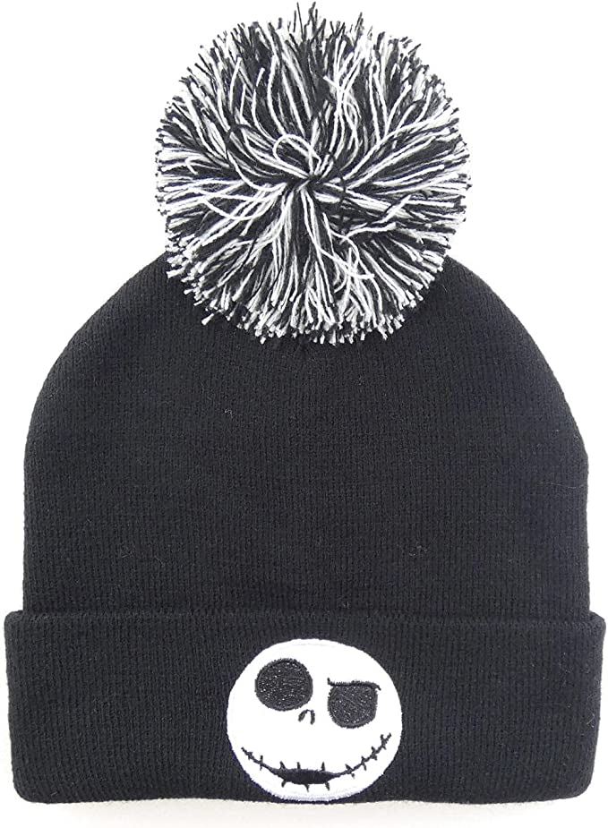 Nightmare Before Christmas Beanie Pom-Jack Face Badge Cap, Black, One Size