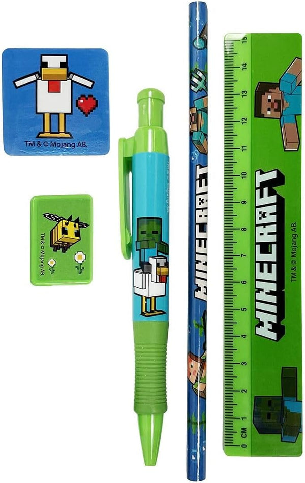Minecraft Stationery Set 5 Gaming Items Pen Eraser Sharpener Pyramid Official