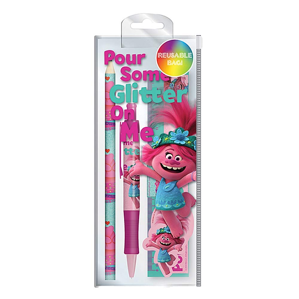 Genuine Trolls World Tour Glitter Stationery Set Pencil Pen Sharpener Eraser Ruler