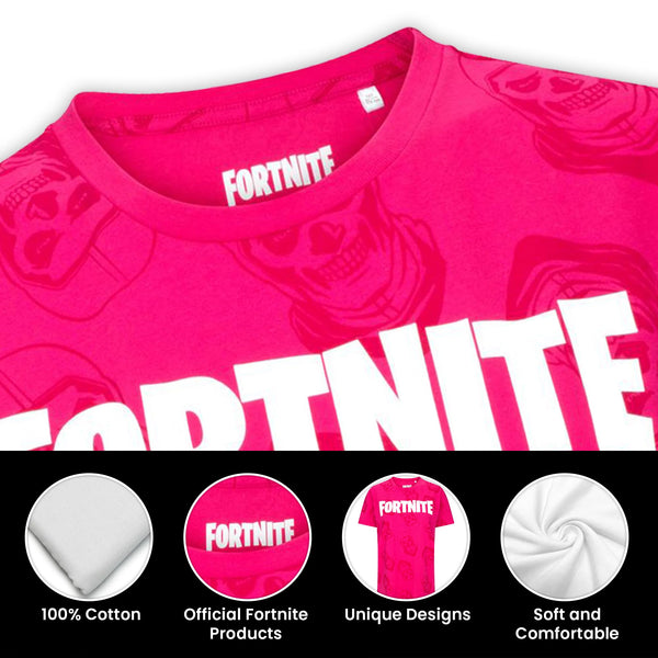 Fortnite Logo & Skull Trooper Pink Unisex Kids Gaming Cotton T-Shirt Age 10-16