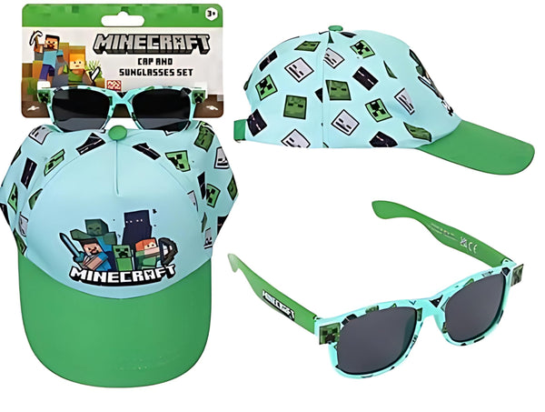 Minecraft Cap and Free Sunglasses Set Light Blue and Green Kids Character