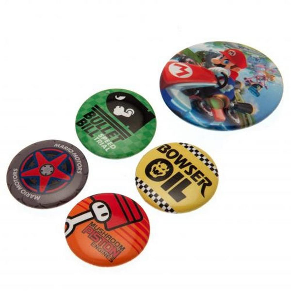 Super Mario - Mario Kart Badge Set - Pack of 5 Colourful Badges with Safety Pin