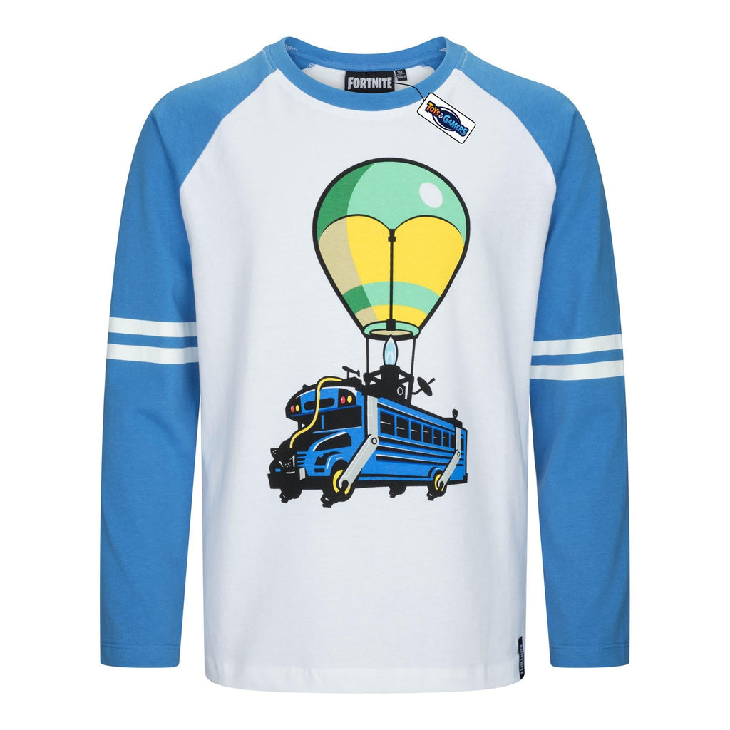 FORTNITE | BATTLEBUS | White | Long Sleeved | Unisex Kids | Crew | Gaming Cotton T-Shirt Sizes 10 - 16 Years