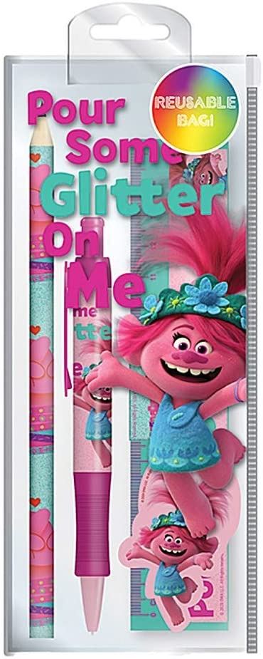 TROLLS World Tour Glitter Stationery Set Pencil Pen Sharpener Eraser Ruler
