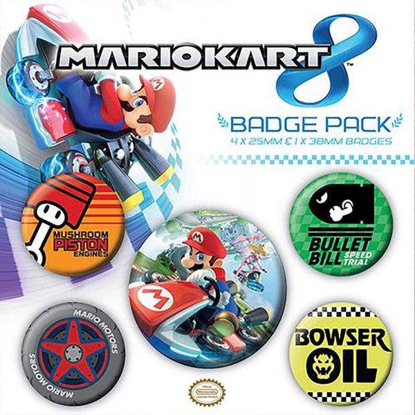 Super Mario - Mario Kart Badge Set - Pack of 5 Colourful Badges with Safety Pin