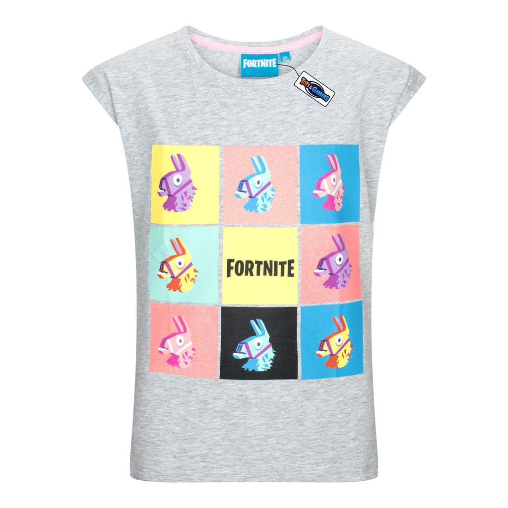 FORTNITE | GLITTER LLAMA | Grey | Short Sleeved | Unisex Kids | Crew | Gaming Cotton T-Shirt Sizes 10 - 16 Years