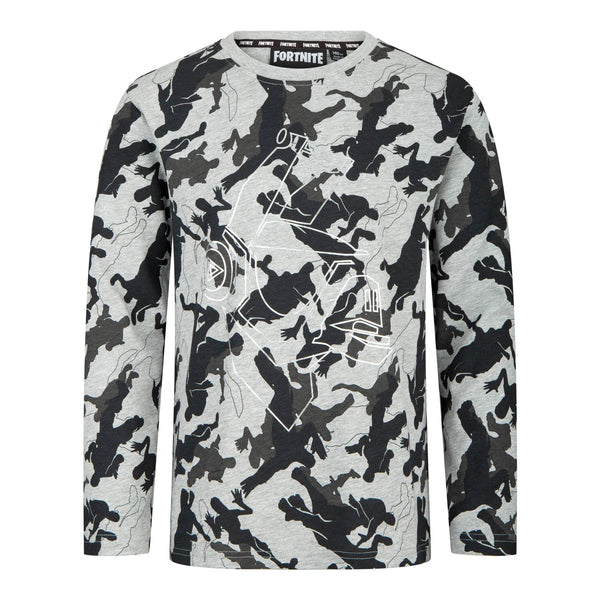 Fortnite DJ Alpaca Camo Grey Long Sleeved Unisex Kids Crew Gaming Cotton T-Shirt
