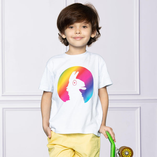 Fortnite Rainbow Llama T-Shirt - White Cotton Official Gaming Design Unisex Youth